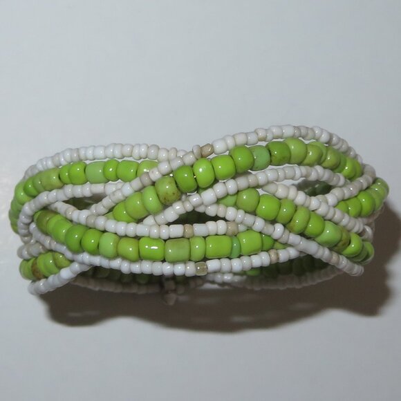 Flexible Green And Ivory Seed Woven Bracelet - Picture 1 of 14